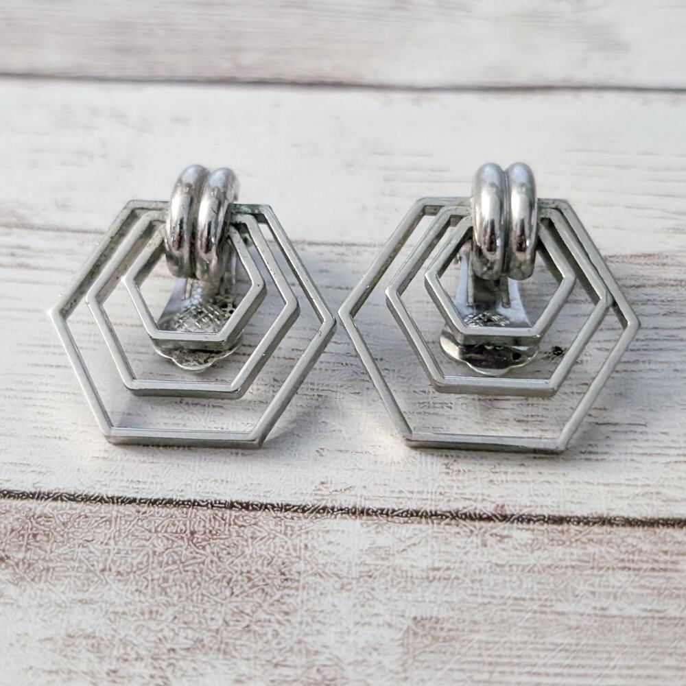 Vintage Clip On Earrings Silver Tone Geometric Large Statement - Picture 2 of 5